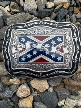 Vintage Crumrine Rebel Enamel Western Belt Buckle in Navy, Red & Silver